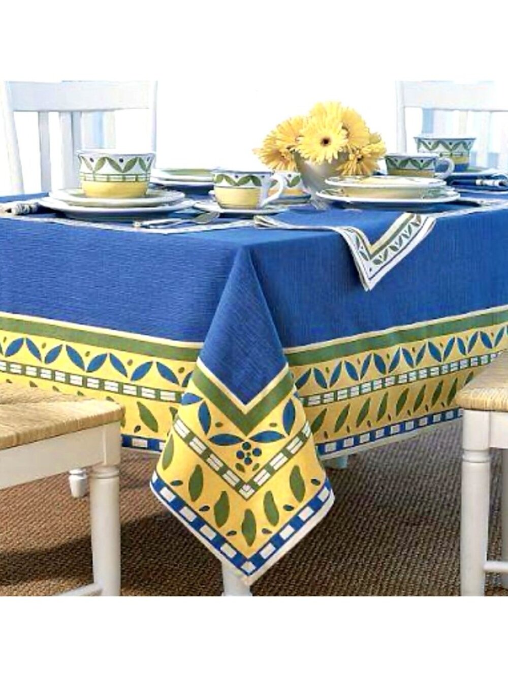 WILLIAMS SONOMA Tablecloth MARISOL French Blue Yellow 70”x 126" 100% Cotton